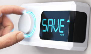 Thermostat with the word SAVE for energy efficency