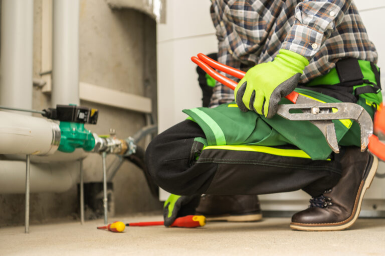 Male plumbing contractor in green trousers doing necessary plumbing services in anaheim