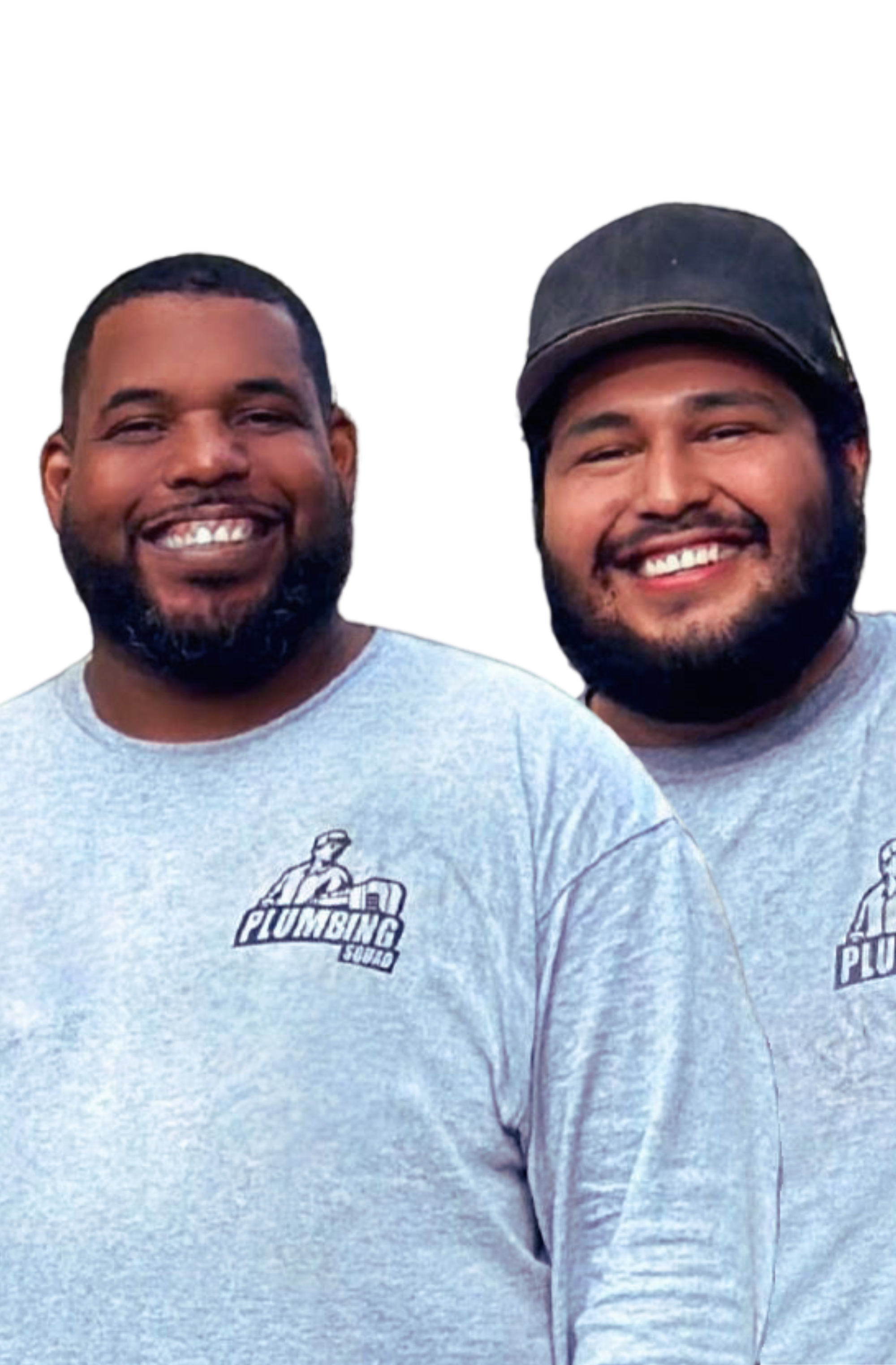 Two smiling plumbers in gray Plumbing Squad t-shirts standing side by side.