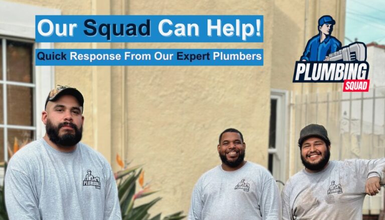 Three Plumbing Squad team members standing together in front of a house, ready to assist.